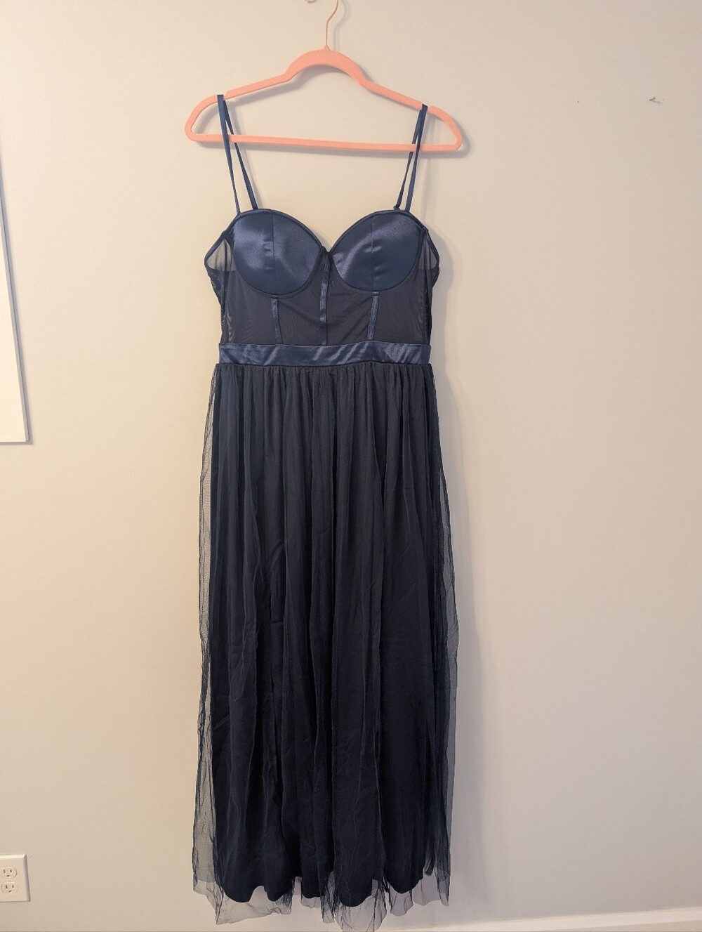 Navy Mesh Bustier Maxi Dress with Satin Trim